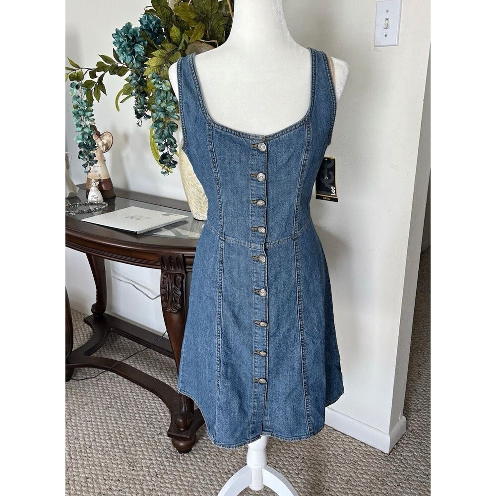 Lee Women’s Blue Denim Button Front Sleeveless Square Neck A-Line Dress Size S